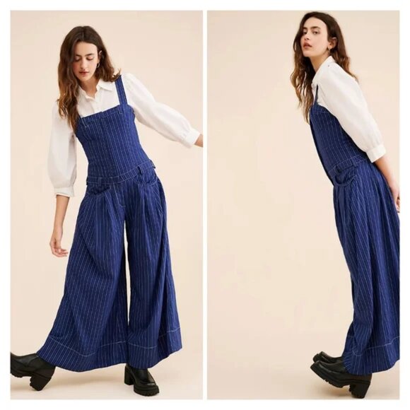 FREE PEOPLE Flores Jumpsuit CUTE! Pin stripes Wide Leg Vintage Denim Overalls S - Picture 3 of 12